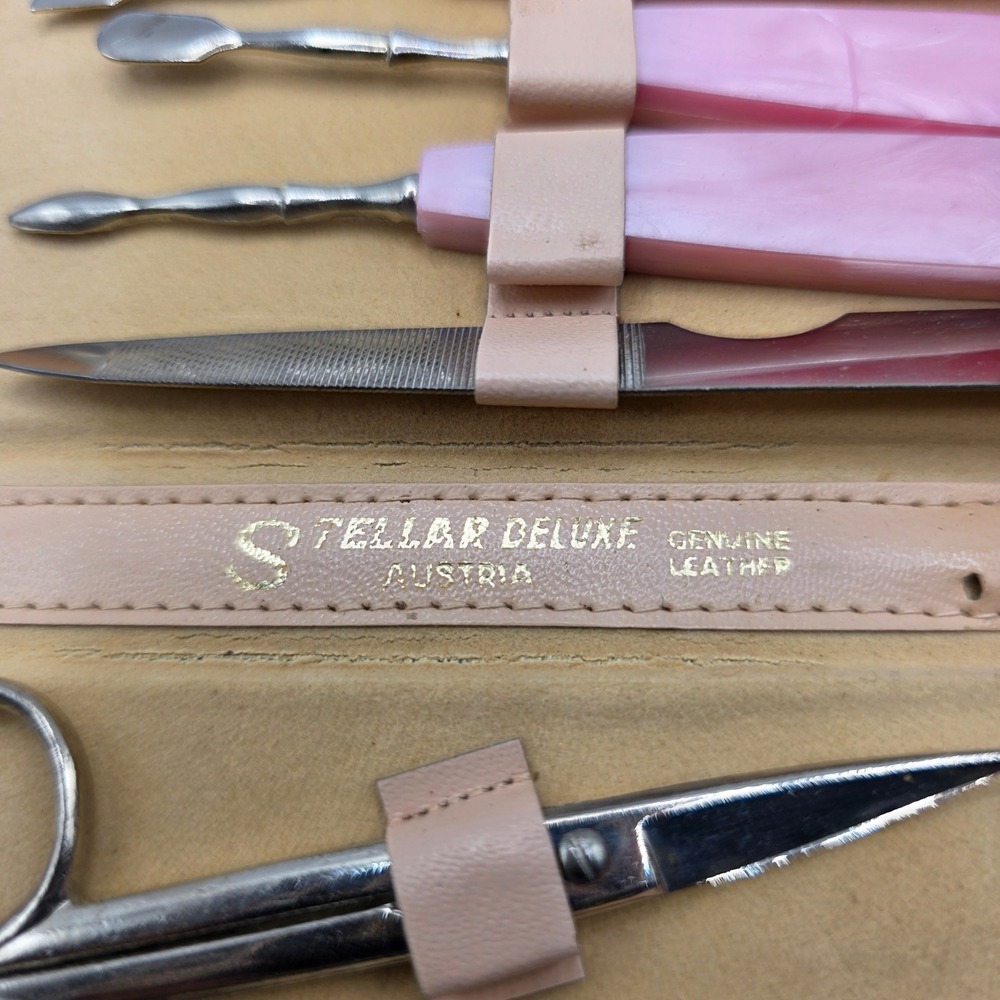 Vintage Stellar Deluxe Austria Manicure Set Pink Marbled Tools Leather Case - Picture 4 of 6